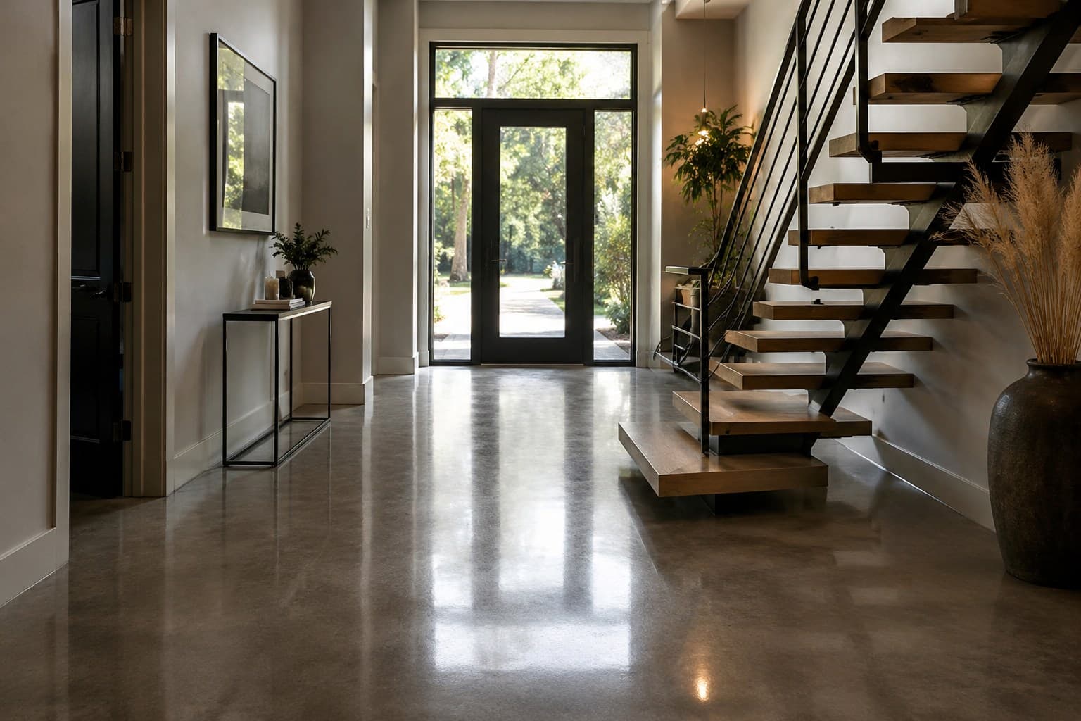 Polished concrete floor running through a bright contemporary entryway toward a glazed front door.